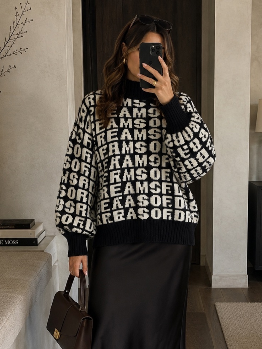 H&M Dreams Of Dreams Black White All-Over Print Mock Neck Sweater Size M